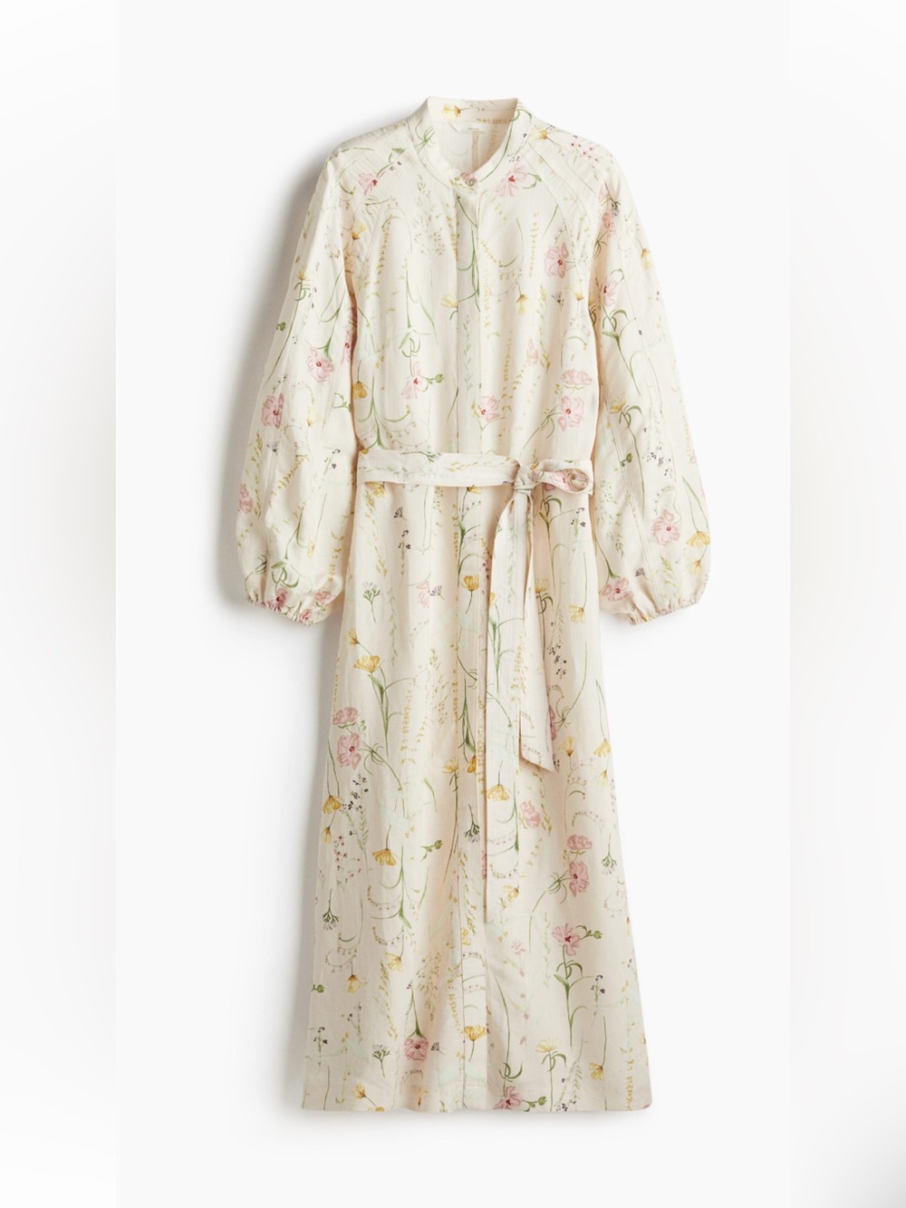 H&M Linen Blend Floral Midi Dress M Balloon Sleeve Cottagecore Prairie Boho